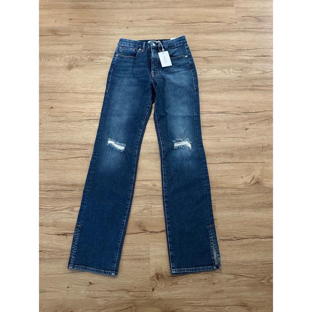 NWT Good American Good Boy Jeans Size 6/28 Dark Wash Distressed Straight Leg